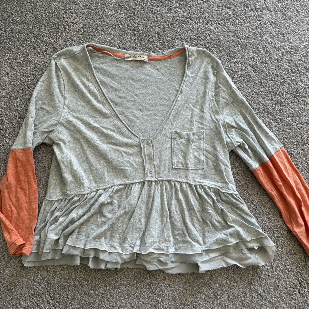 We The Free People Gray and Orange Ruffled Peplum Blouse M